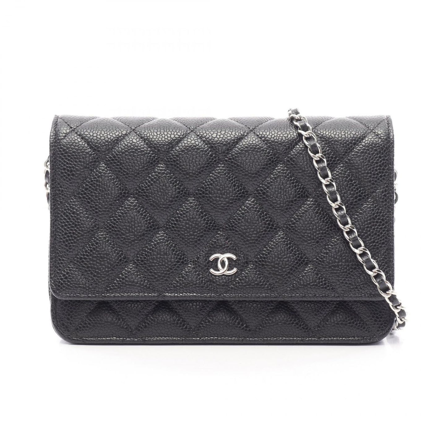 Chanel Shoulder Bag Quilted Black Caviar Leather Chain Wallet