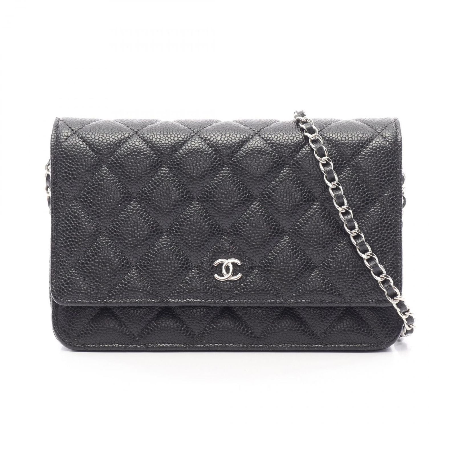 Chanel Shoulder Bag Quilted Black Caviar Leather Chain Wallet