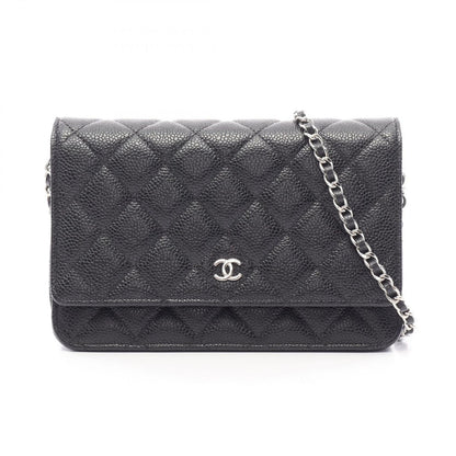Chanel Shoulder Bag Quilted Black Caviar Leather Chain Wallet