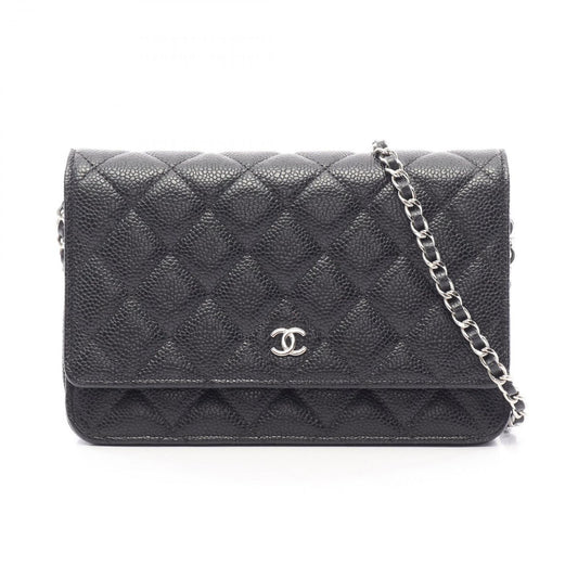 Chanel Shoulder Bag Quilted Black Caviar Leather Chain Wallet
