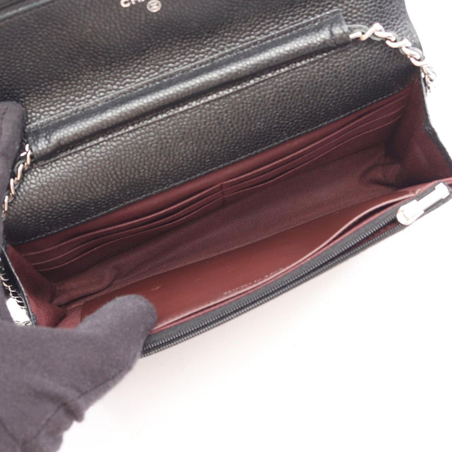 Chanel Shoulder Bag Quilted Black Caviar Leather Chain Wallet — view 3
