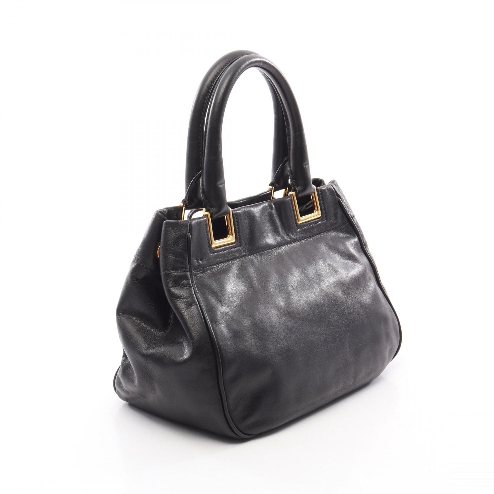 Prada Handbag Ribbon Black Leather Metal Logo Motif 2-Way — view 2