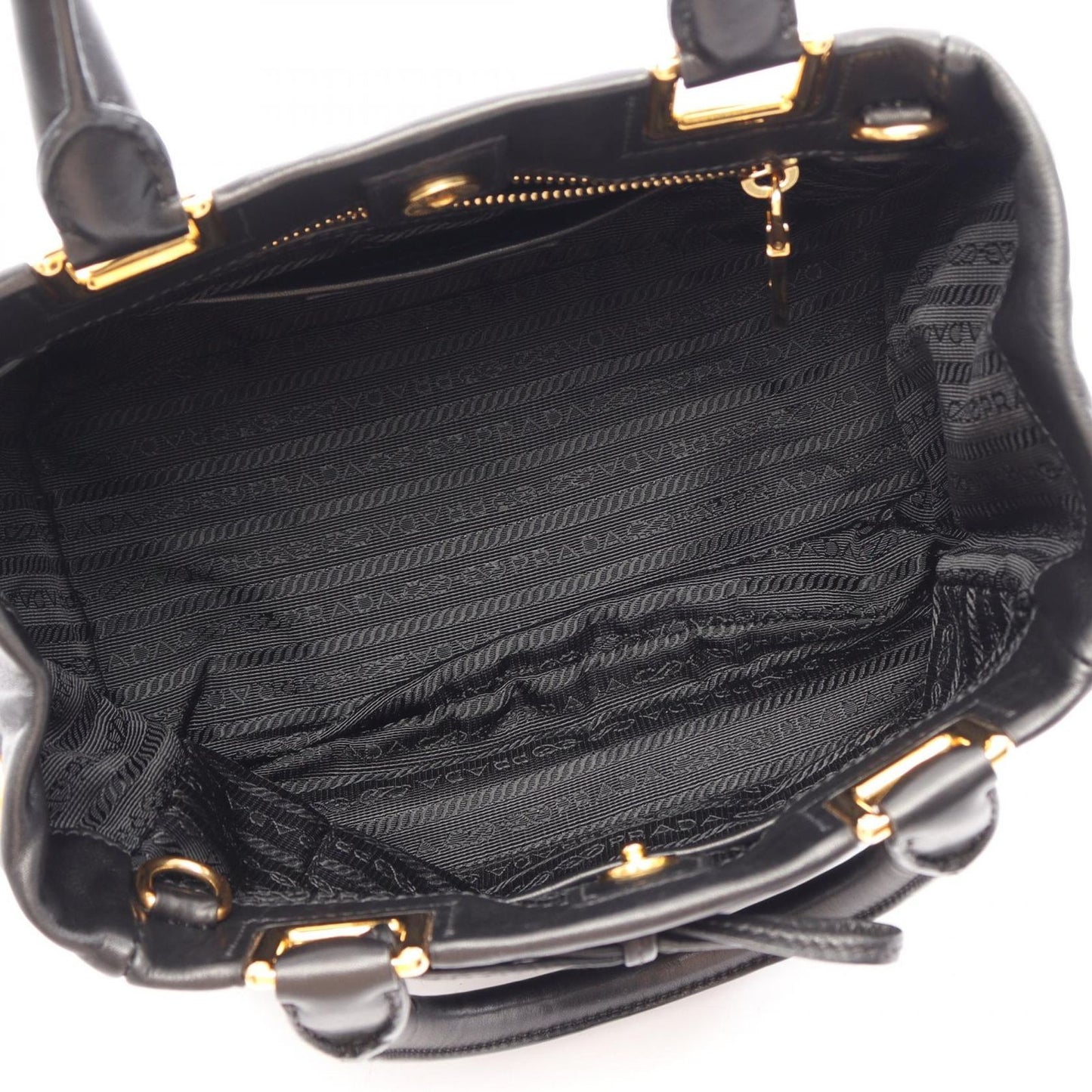 Prada Handbag Ribbon Black Leather Metal Logo Motif 2-Way — view 3