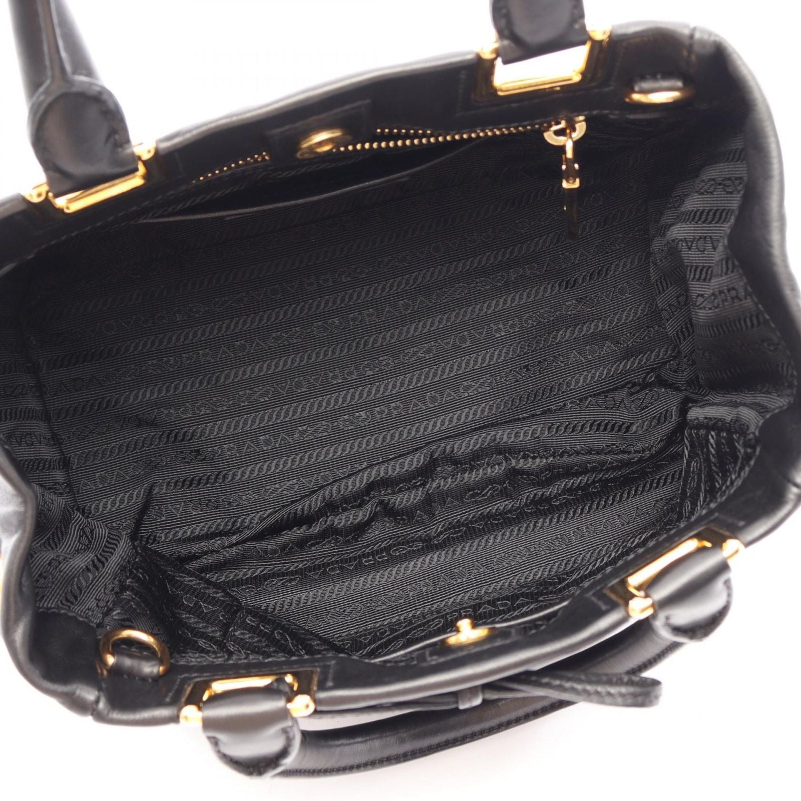 Prada Handbag Ribbon Black Leather Metal Logo Motif 2-Way — view 3