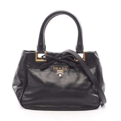 Prada Handbag Ribbon Black Leather Metal Logo Motif 2-Way