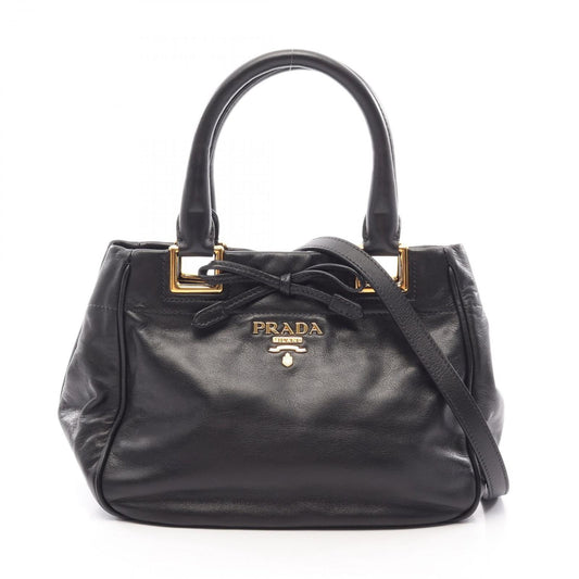 Prada Handbag Ribbon Black Leather Metal Logo Motif 2-Way