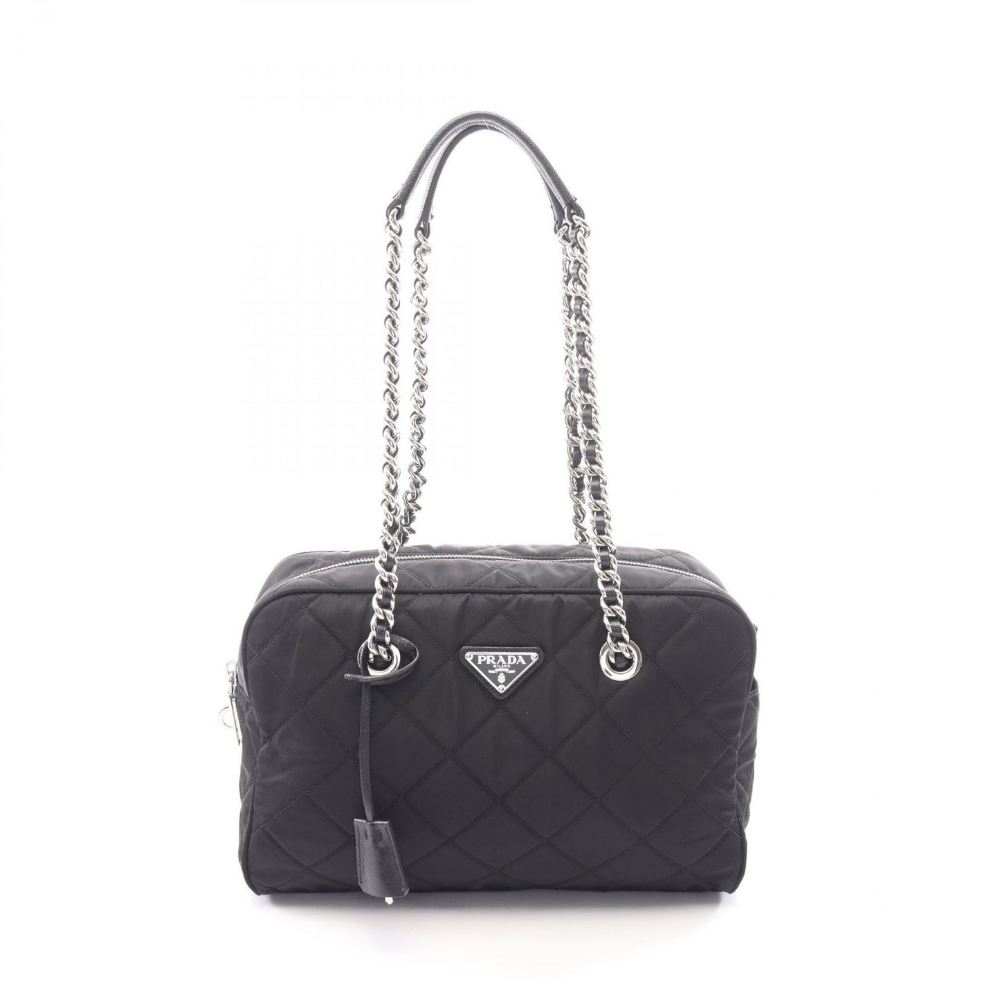 Prada Shoulder Bag Tessuto Impuntu Black Nylon Saffiano Leather Triangle Logo