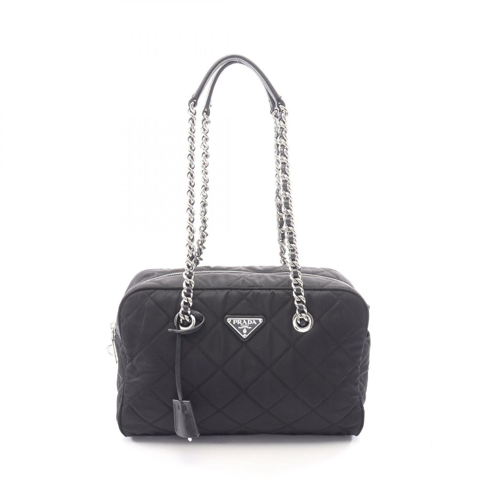Prada Shoulder Bag Tessuto Impuntu Black Nylon Saffiano Leather Triangle Logo