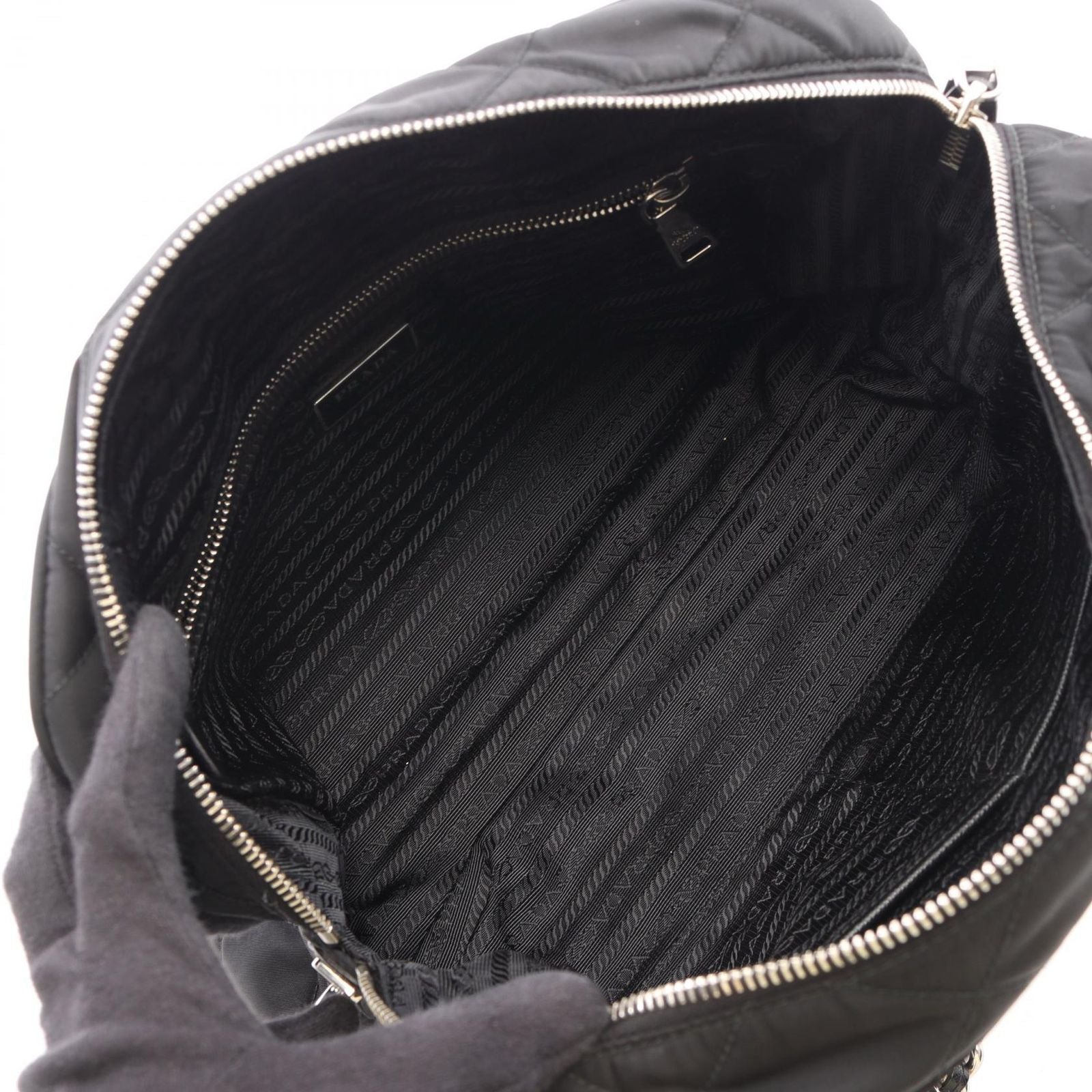 Prada Shoulder Bag Tessuto Impuntu Black Nylon Saffiano Leather Triangle Logo — view 3