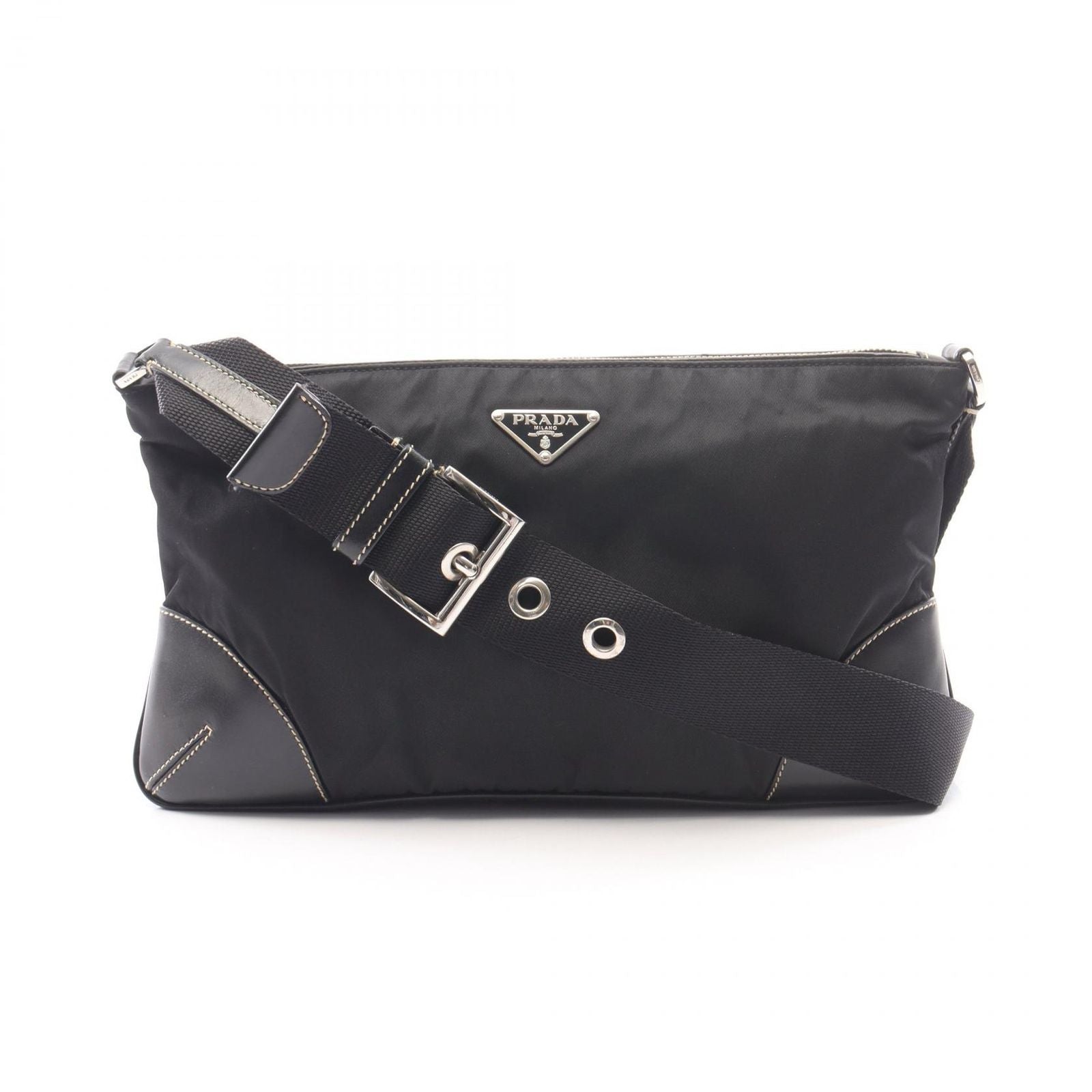 Prada Shoulder Bag Black Nylon Leather Triangle Logo