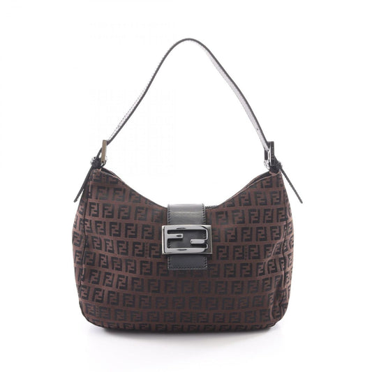 Fendi Shoulder Bag Zucchino Black Brown Canvas Leather