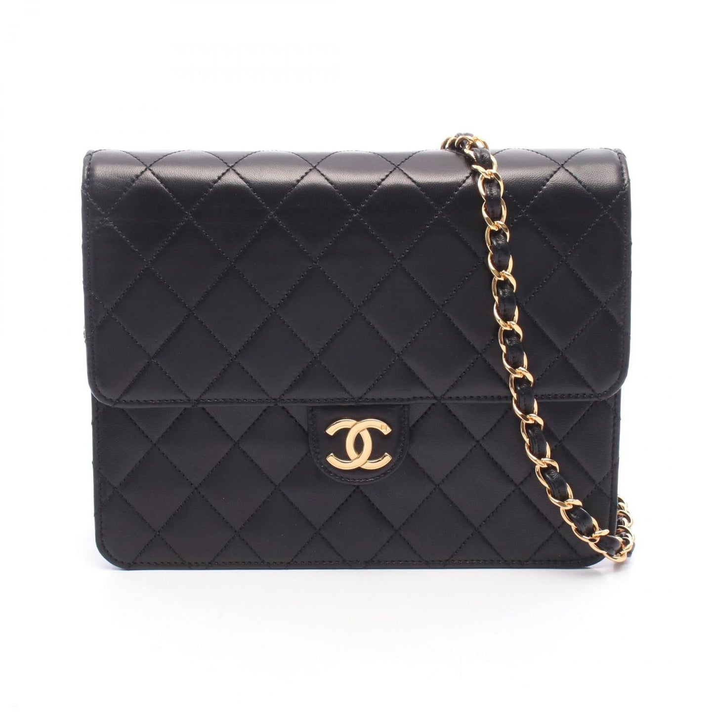 Chanel Shoulder Bag Quilted Single Flap Black Lambskin Push Lock Chain