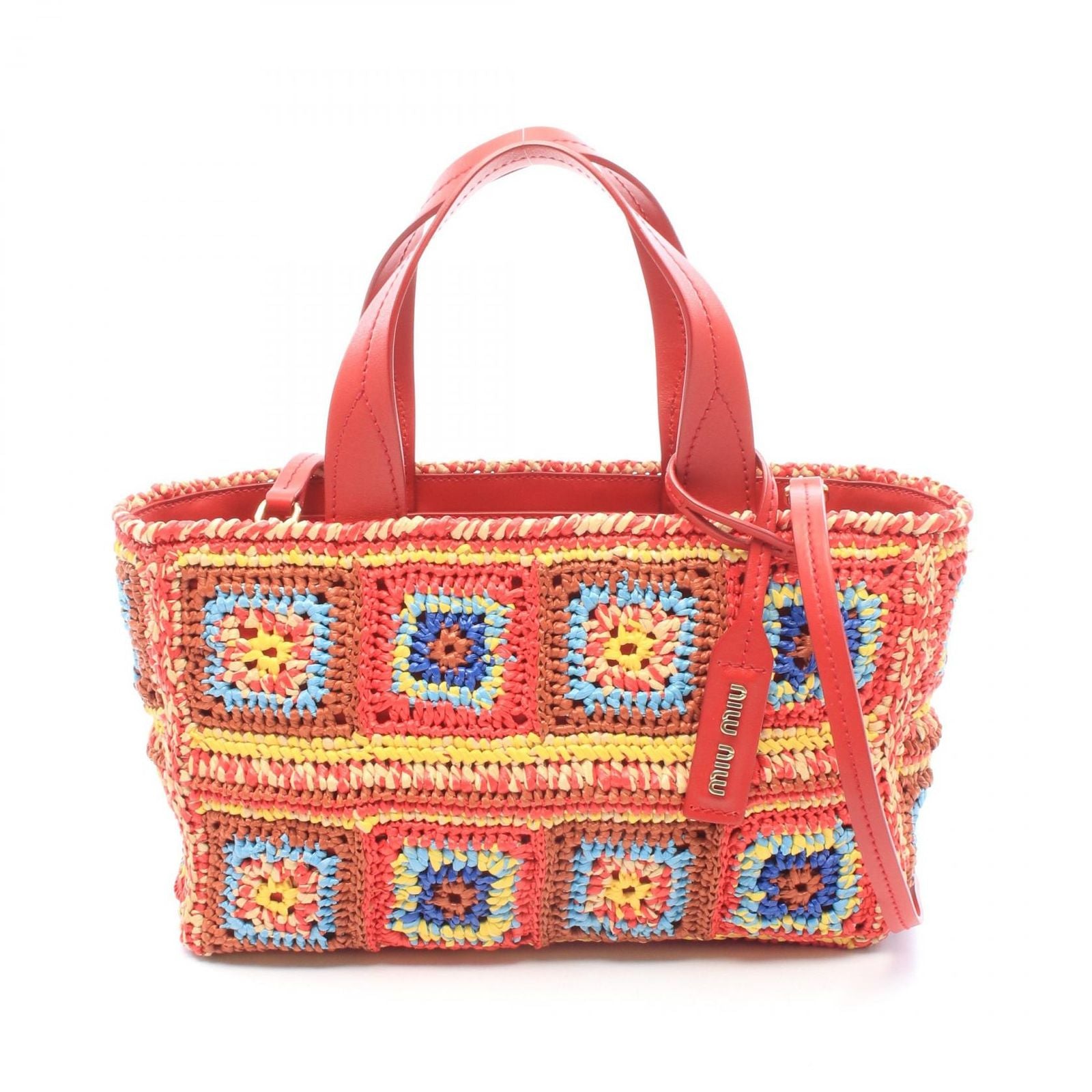Miu Miu Handbag Rafia Clochette Patchwork Red Multi Leather 2-Way Handle Bag
