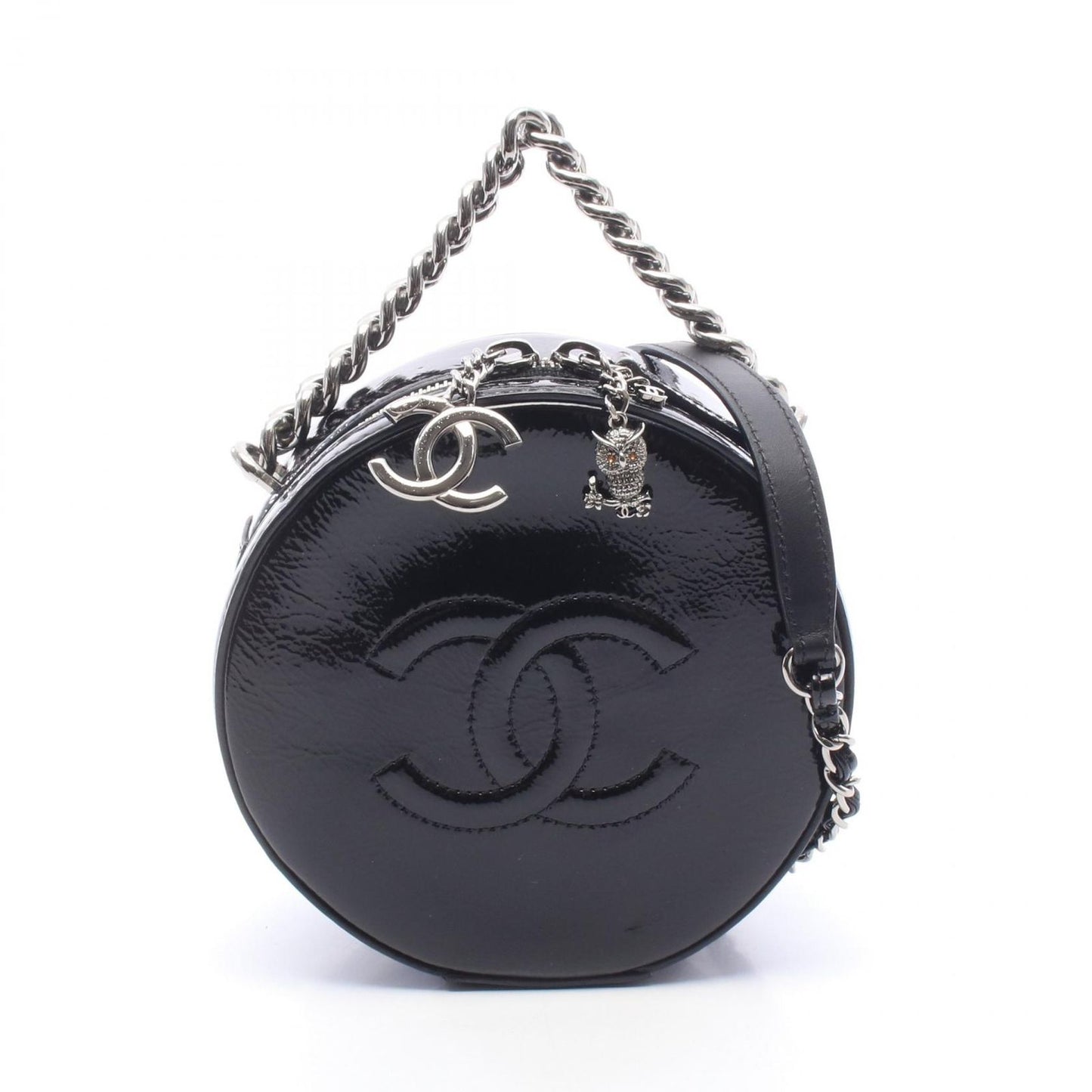 Chanel Handbag CC Logo Round 2-Way Black Patent Leather Chain