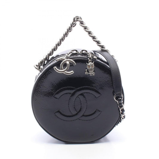 Chanel Handbag CC Logo Round 2-Way Black Patent Leather Chain