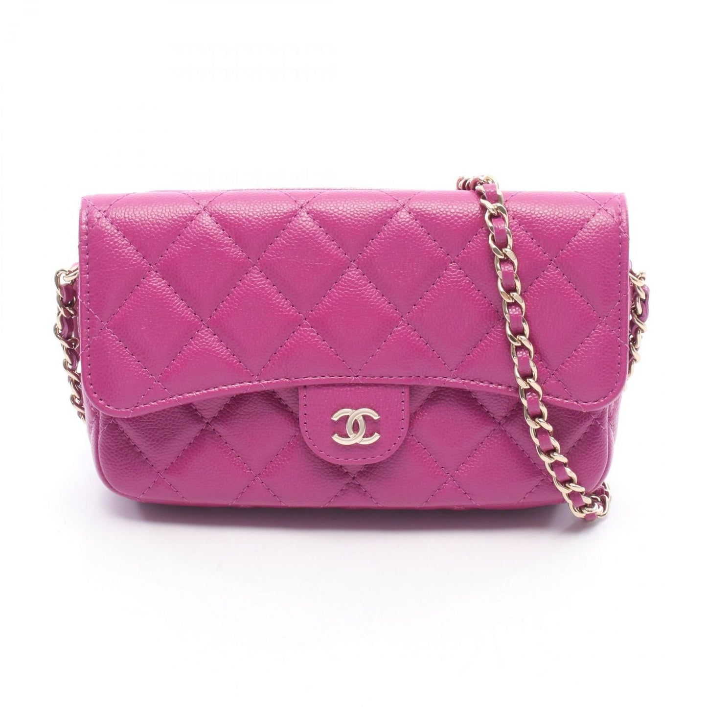Chanel Shoulder Bag Quilted Chain Phone Case Wallet Pink Purple Caviar Leather