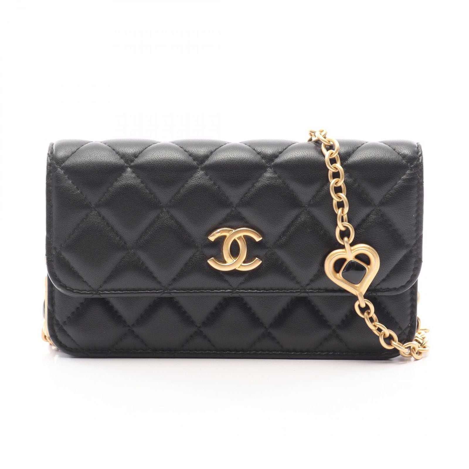 Chanel Shoulder Bag Quilted Black Lambskin Phone Case Chain Wallet