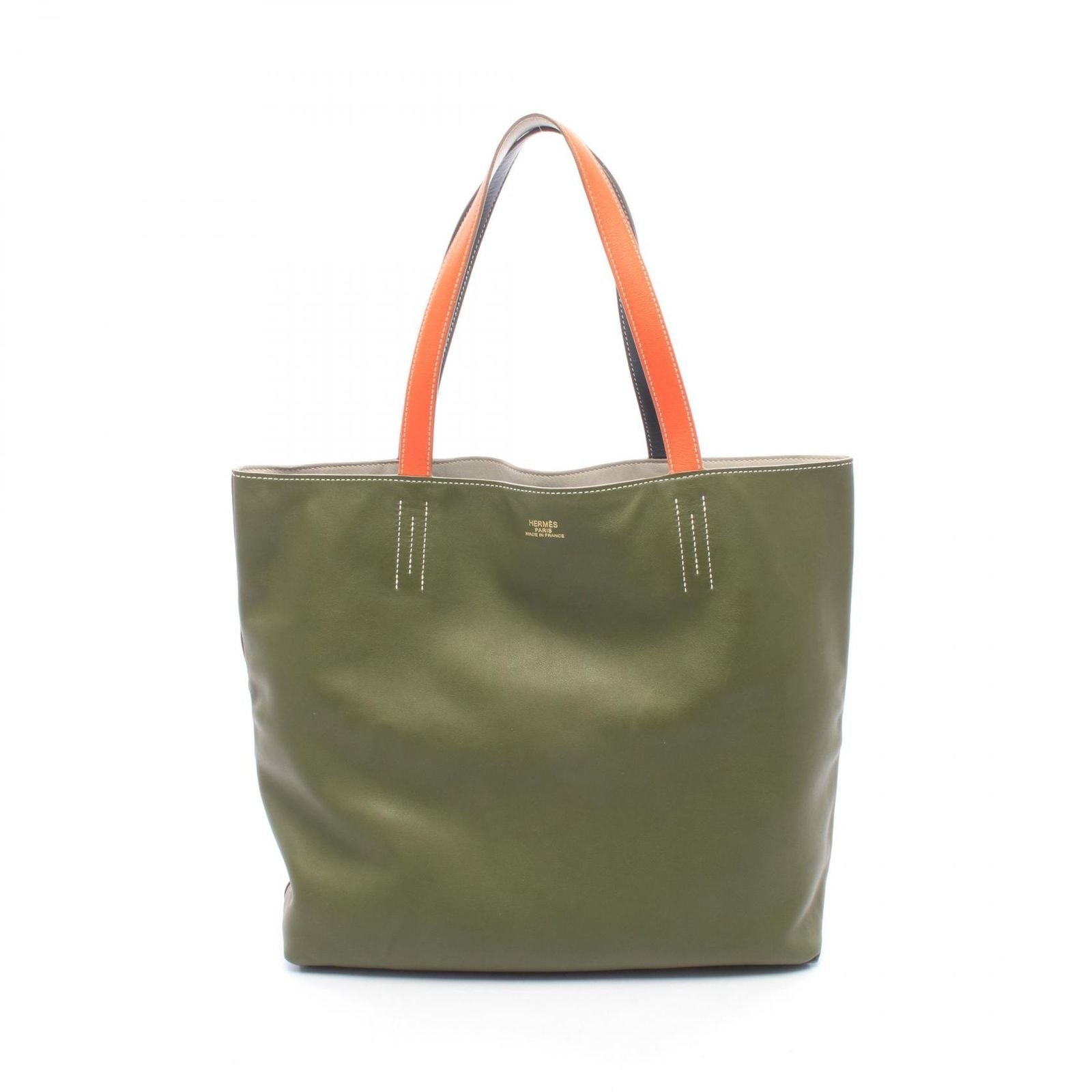 Hermes Tote Bag Double Sens 45 Reversible Orange Khaki Graphite Leather