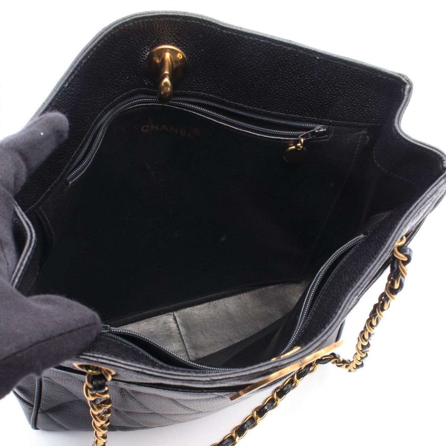 Chanel Tote Bag Quilted Black Caviar Leather Chain — view 3