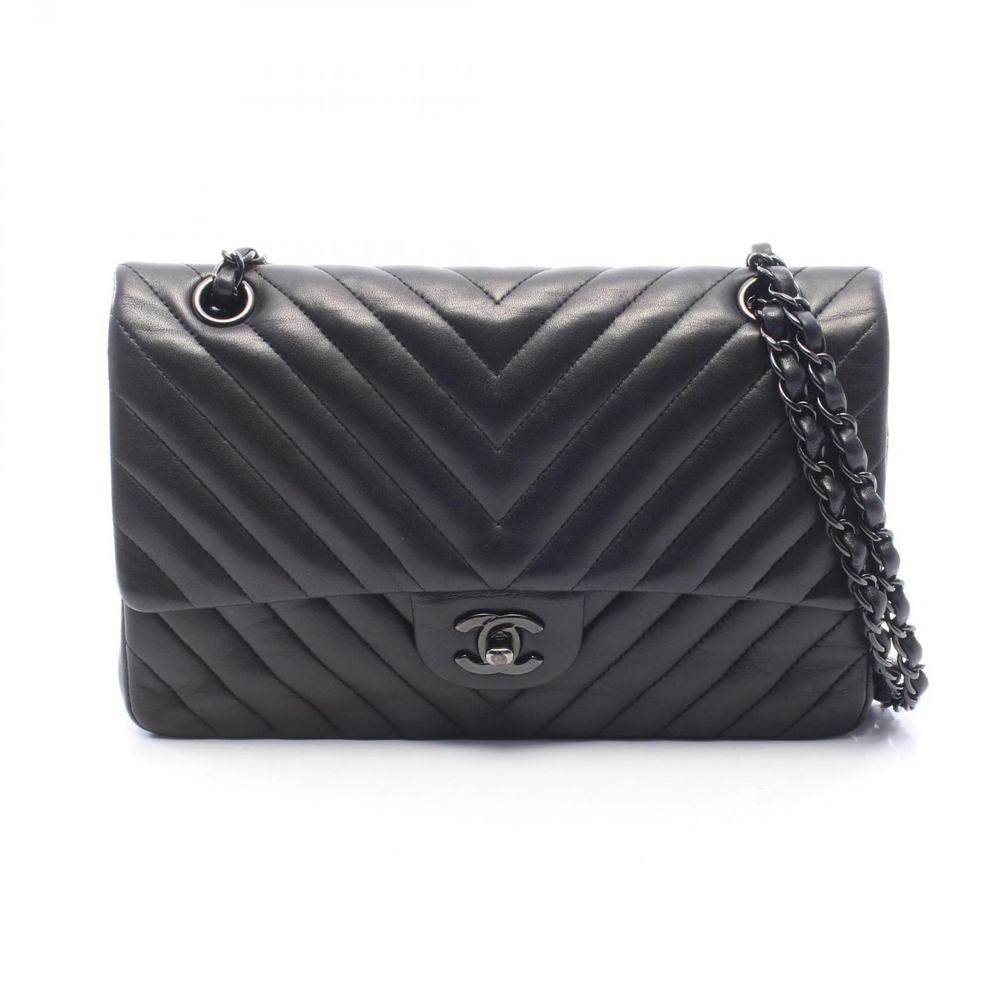 Chanel Shoulder Bag Chevron V-Stitch Double Flap Black Lambskin Chain