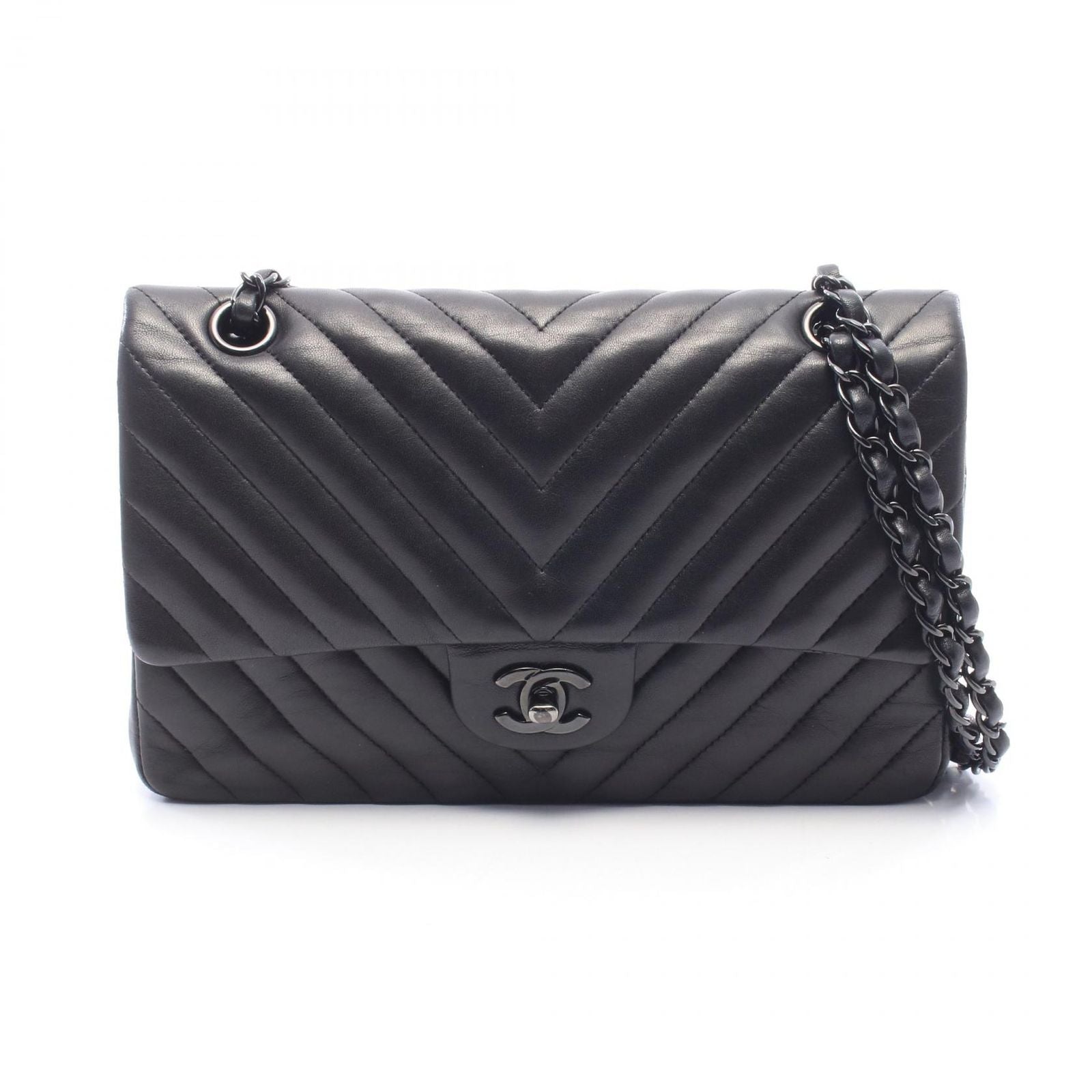 Chanel Shoulder Bag Chevron V-Stitch Double Flap Black Lambskin Chain