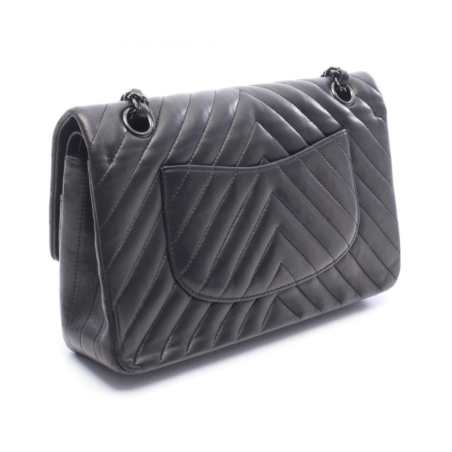 Chanel Shoulder Bag Chevron V-Stitch Double Flap Black Lambskin Chain — view 2