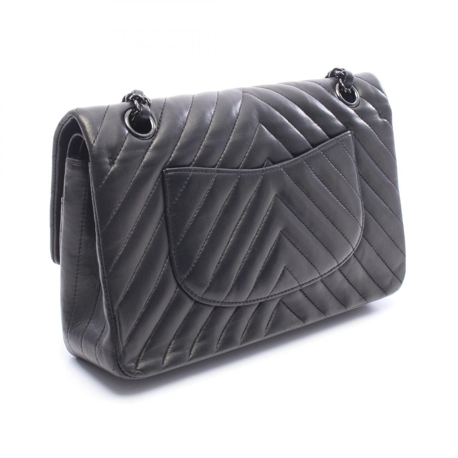 Chanel Shoulder Bag Chevron V-Stitch Double Flap Black Lambskin Chain — view 2