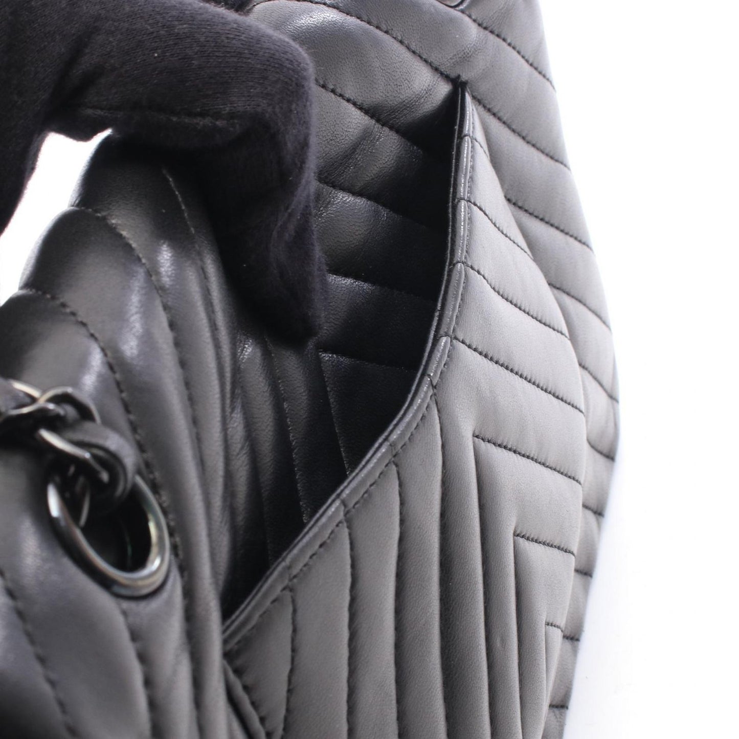 Chanel Shoulder Bag Chevron V-Stitch Double Flap Black Lambskin Chain — view 6