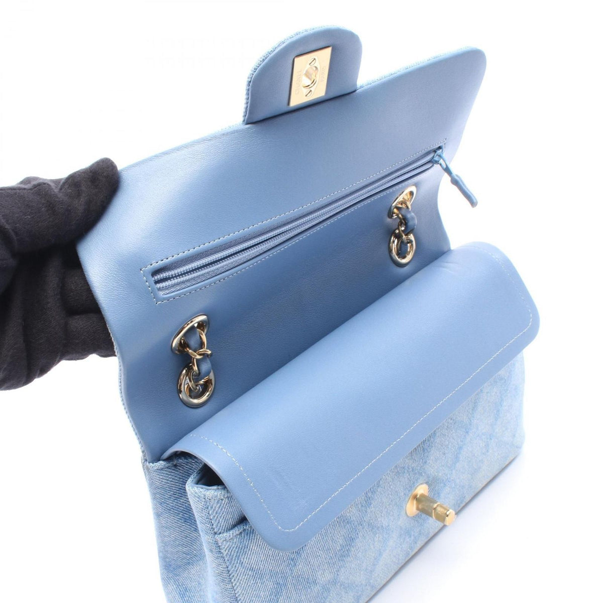 Chanel Shoulder Bag Quilted Double Flap Denim Blue Chain — view 7