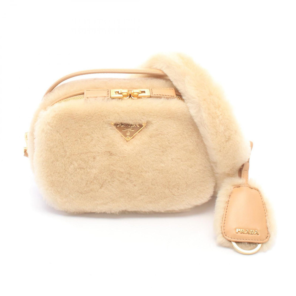 Prada Handbag Odette Shearling Mini Beige Leather Bag
