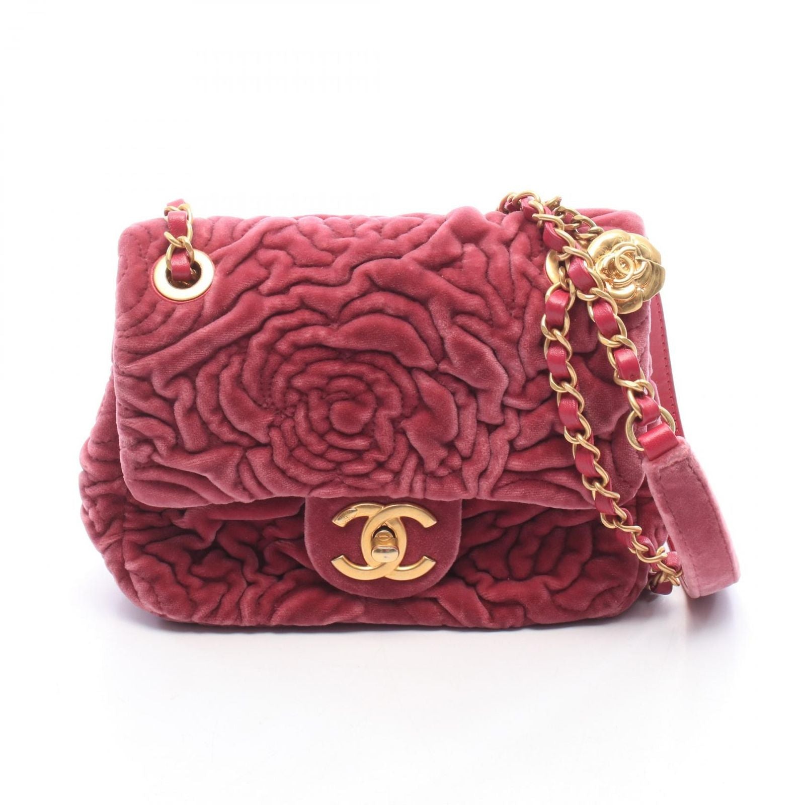 Chanel Shoulder Bag Camellia Mini Pink Purple Fabric Leather Chain