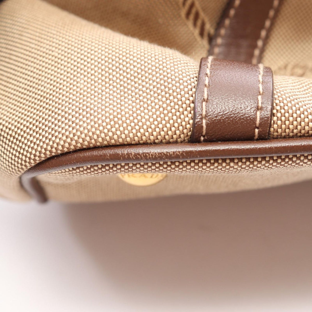 Prada Tote Bag Logo Jacquard 2-Way Beige Brown Canvas Leather Ribbon Motif — view 6