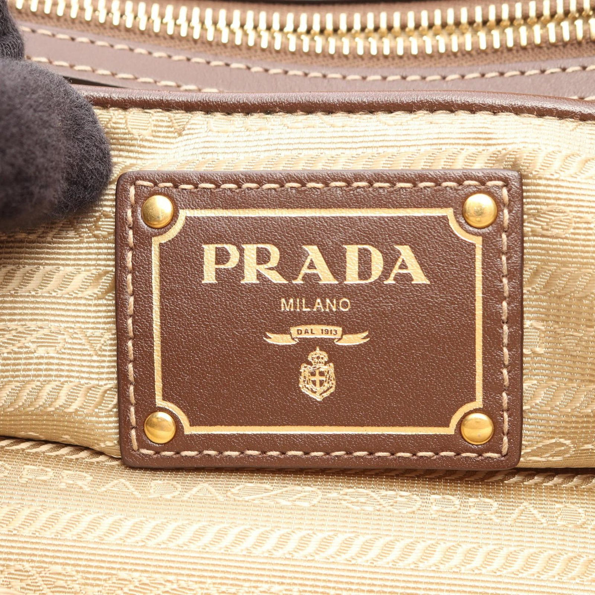 Prada Tote Bag Logo Jacquard 2-Way Beige Brown Canvas Leather Ribbon Motif — view 4