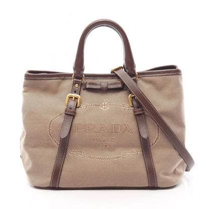 Prada Tote Bag Logo Jacquard 2-Way Beige Brown Canvas Leather Ribbon Motif