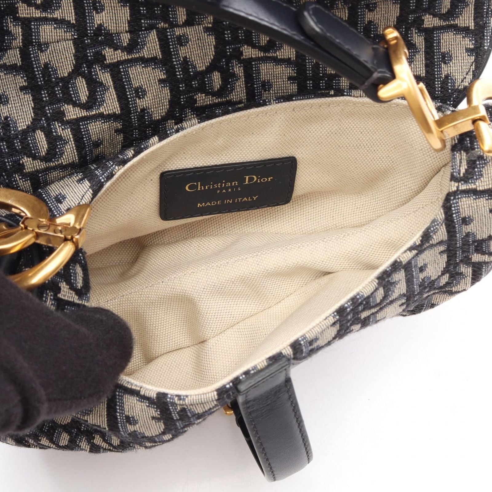 Dior Saddle Bag Mini Oblique Jacquard Ivory Navy Canvas Leather — view 3