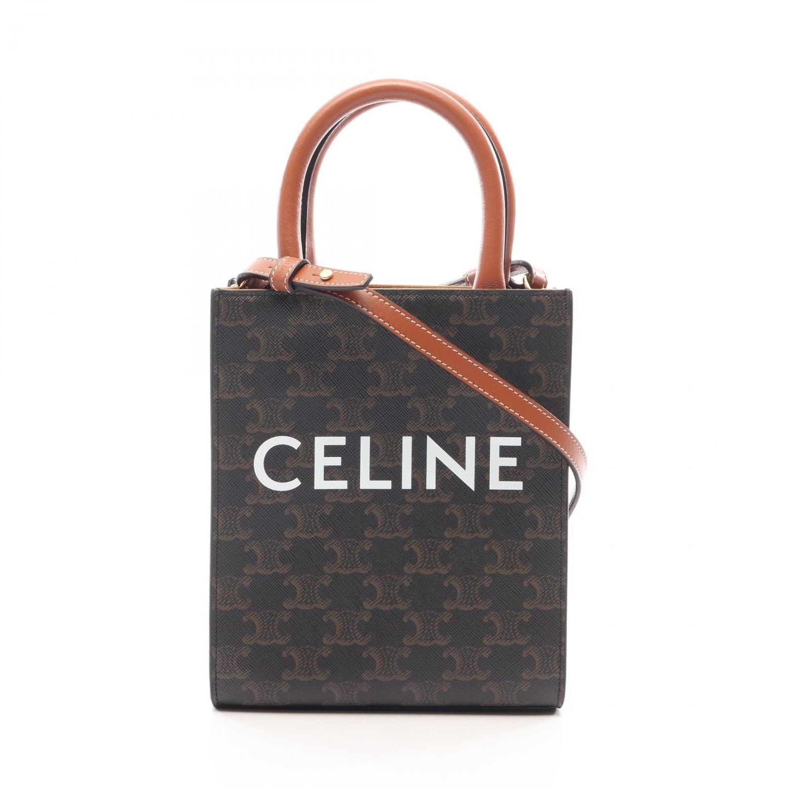 Celine Handbag Mini Vertical Cabas Triomphe 2-Way Brown Black White Canvas