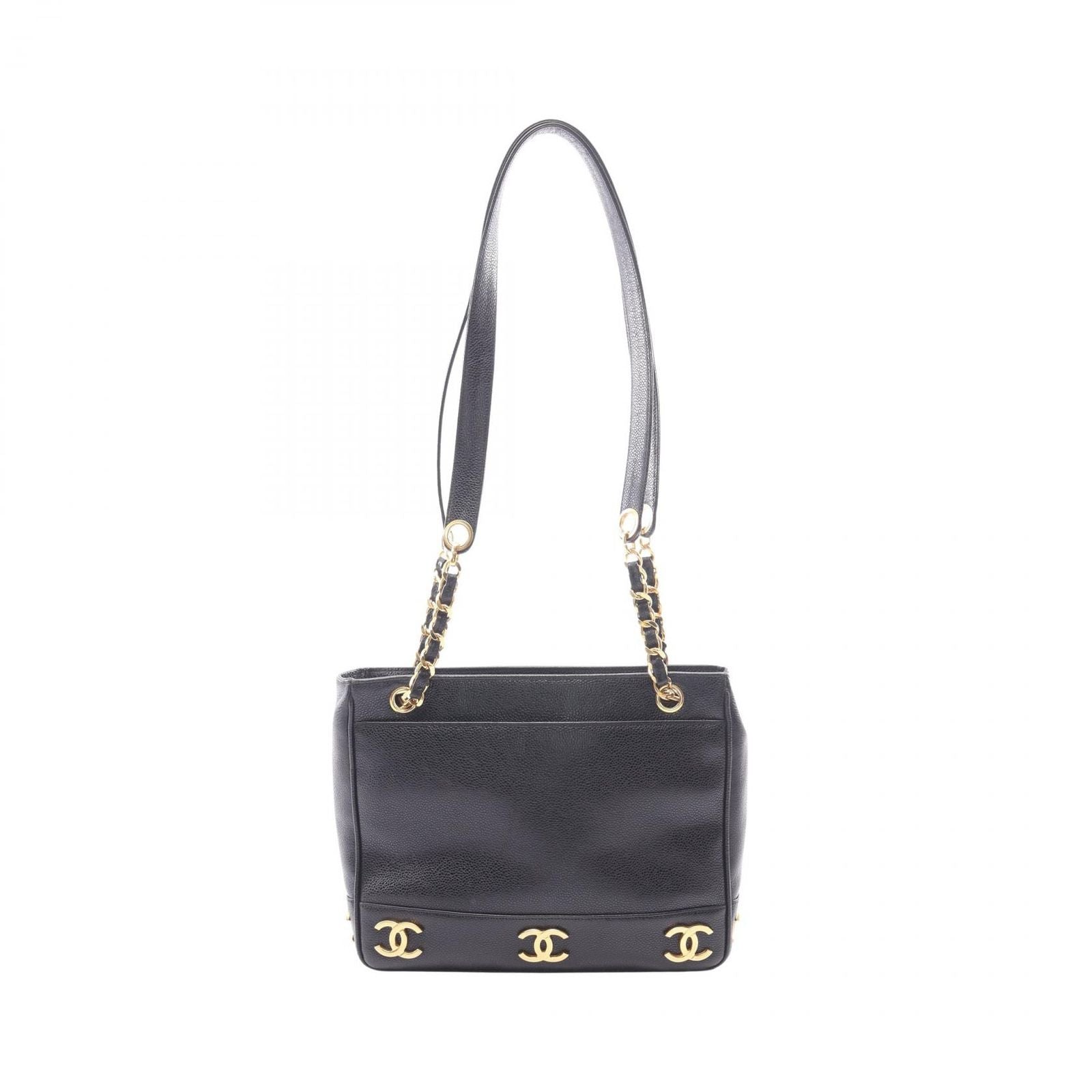 Chanel Tote Bag Triple Coco Black Caviar Leather Chain