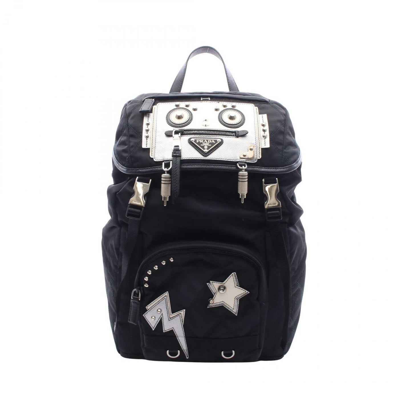 Prada Backpack Robot Motif Black Silver Ivory Nylon Leather