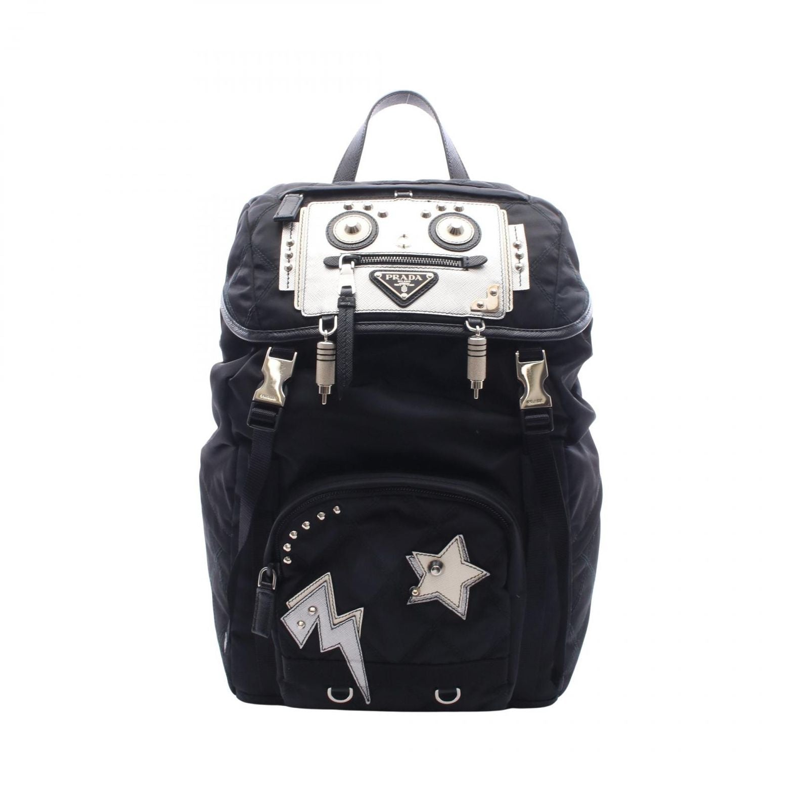 Prada Backpack Robot Motif Black Silver Ivory Nylon Leather