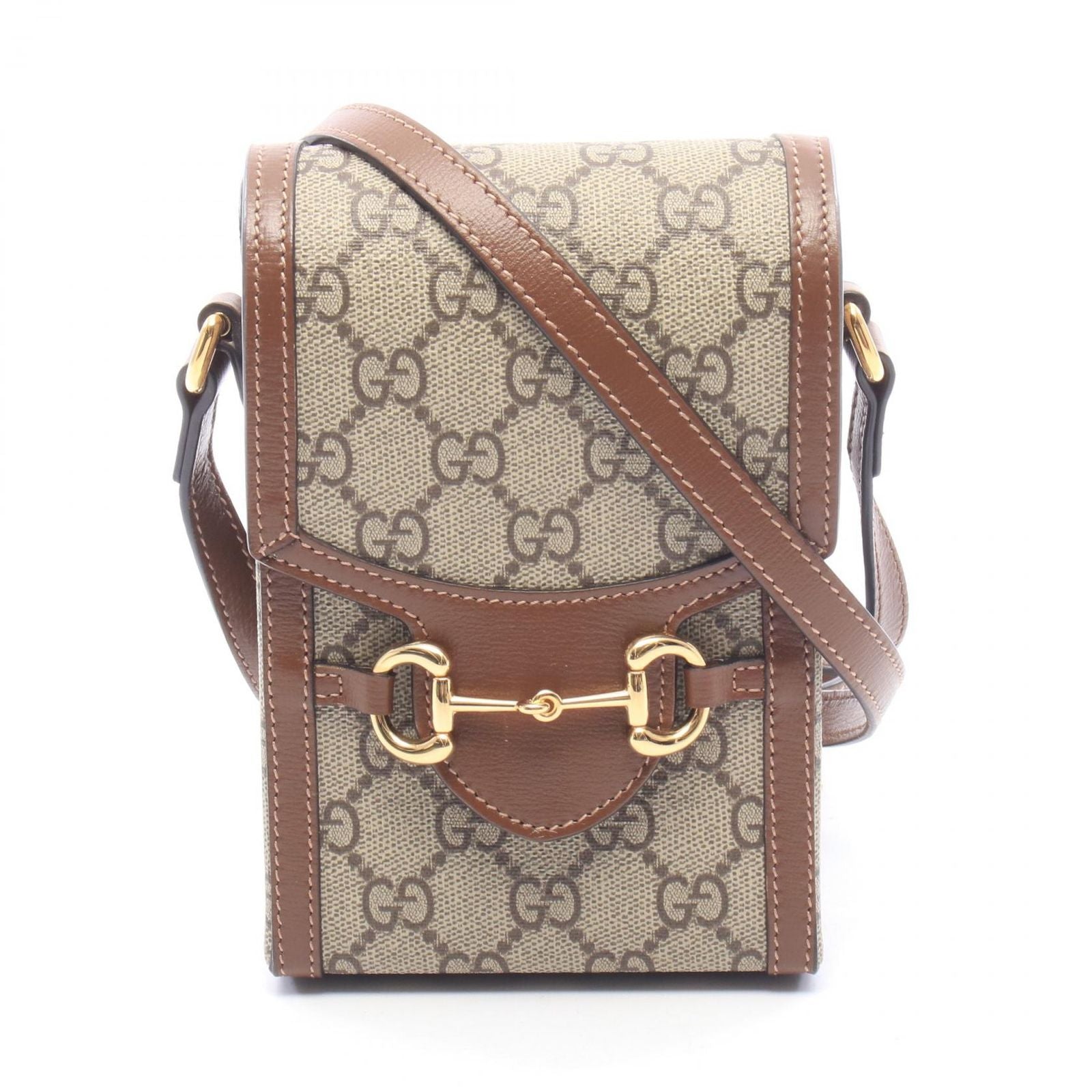Gucci Shoulder Bag Horsebit Beige Brown Canvas Leather