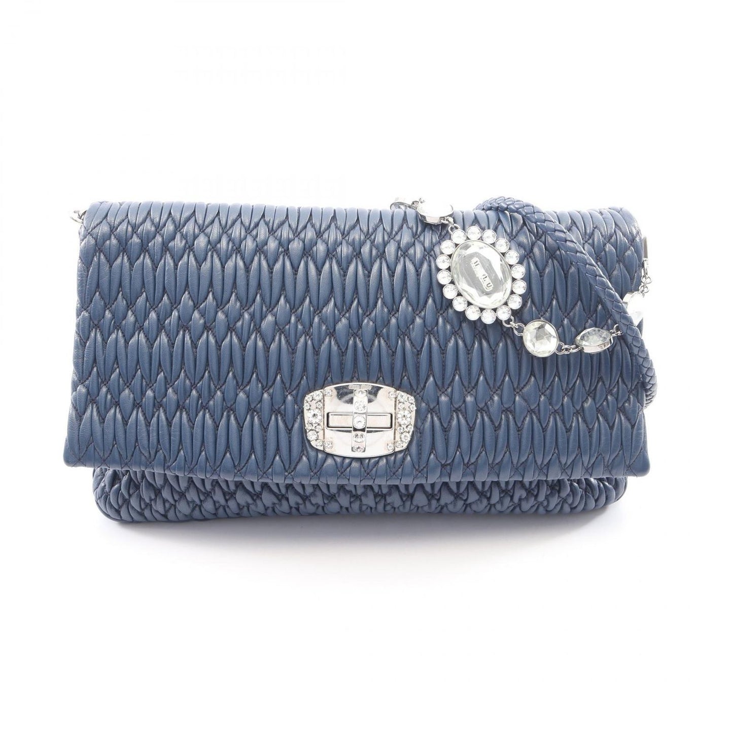 Miu Miu Shoulder Bag Nappa Crystal Matelasse 2-Way Navy Leather