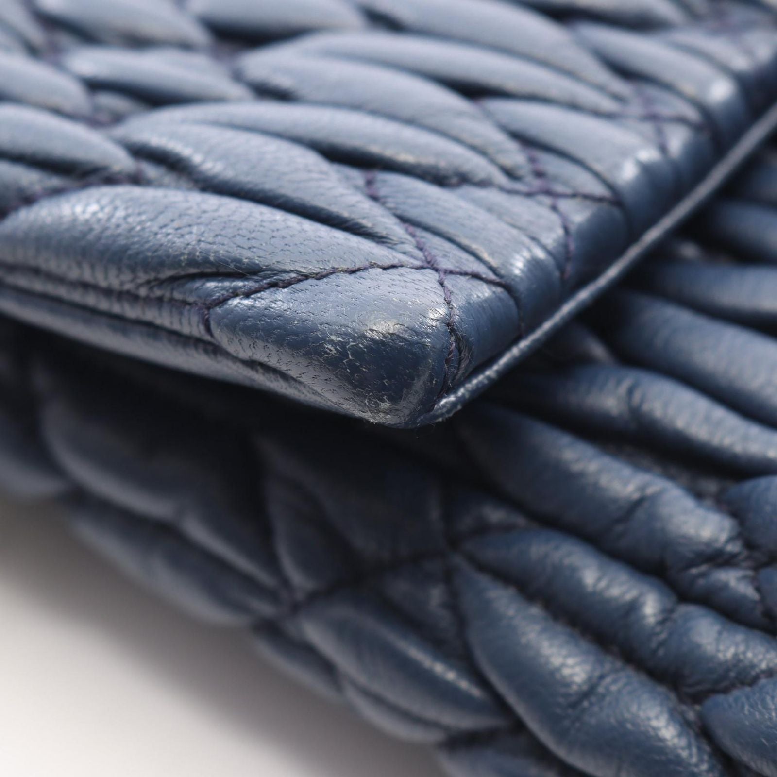 Miu Miu Shoulder Bag Nappa Crystal Matelasse 2-Way Navy Leather — view 7
