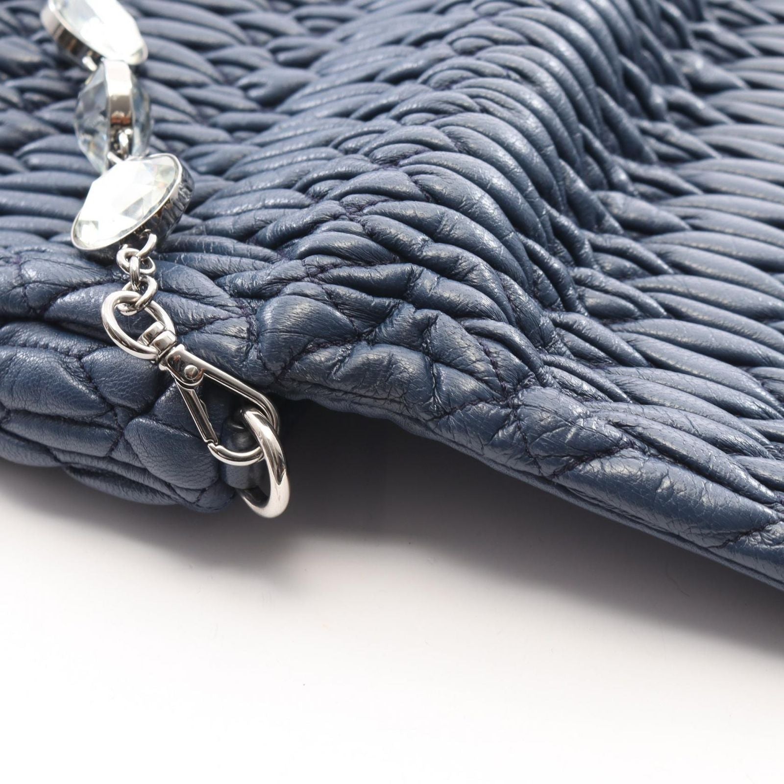 Miu Miu Shoulder Bag Nappa Crystal Matelasse 2-Way Navy Leather — view 6