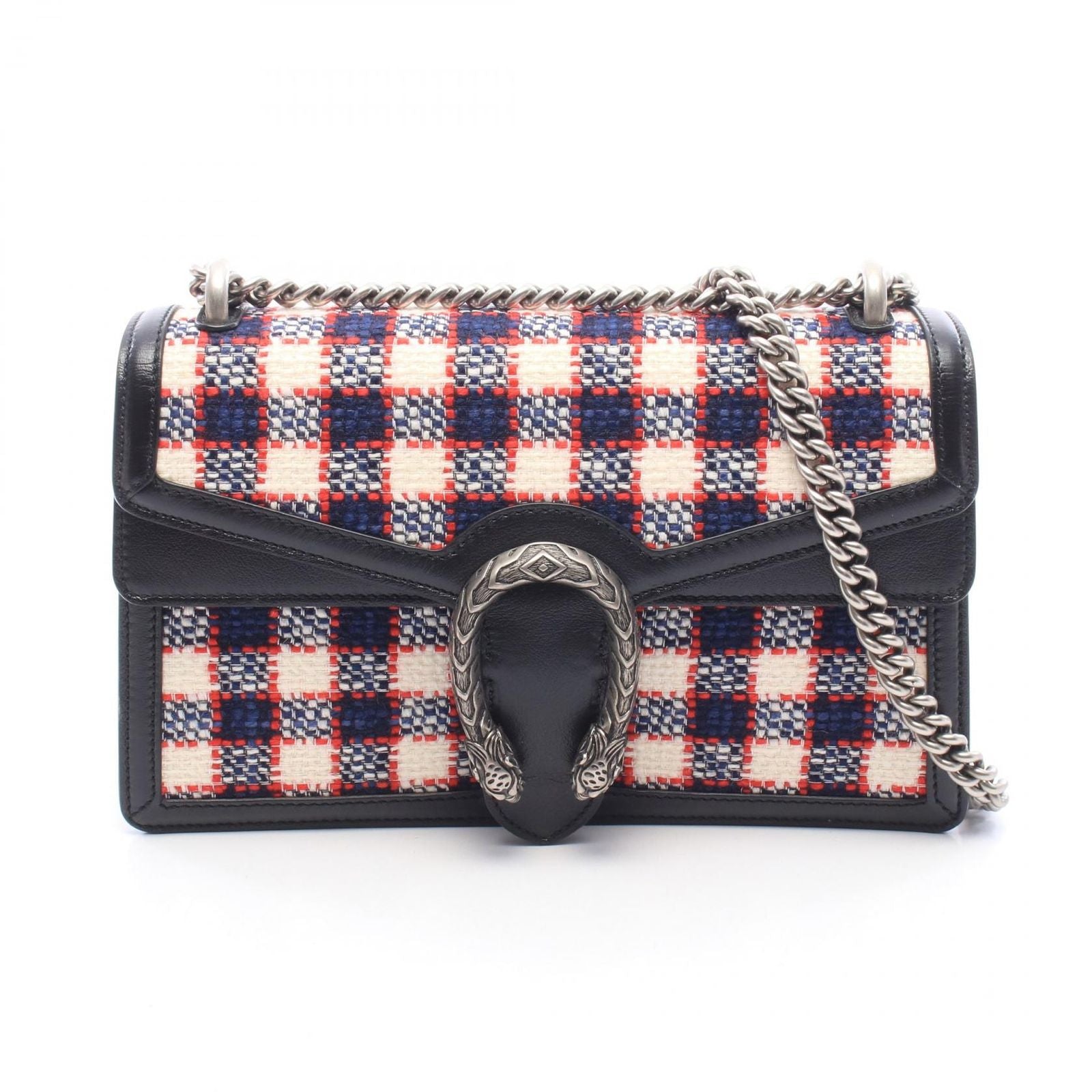 Gucci Shoulder Bag Dionysus Black Plaid Fabric Leather Small