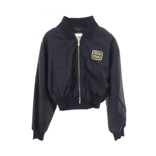 Miu Miu Jacket Logo Embroidery Cropped Navy Wool Bomber