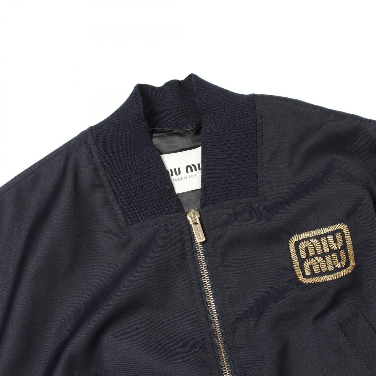 Miu Miu Jacket Logo Embroidery Cropped Navy Wool Bomber — view 6