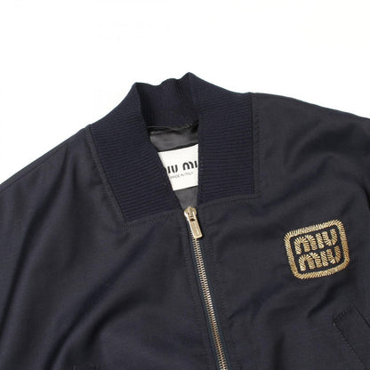 Miu Miu Jacket Logo Embroidery Cropped Navy Wool Bomber — view 6