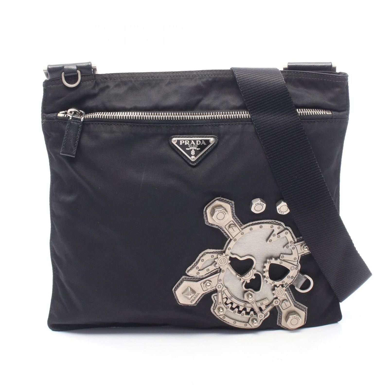 Prada Shoulder Bag Skull Studs Triangle Logo Black Silver Nylon Leather