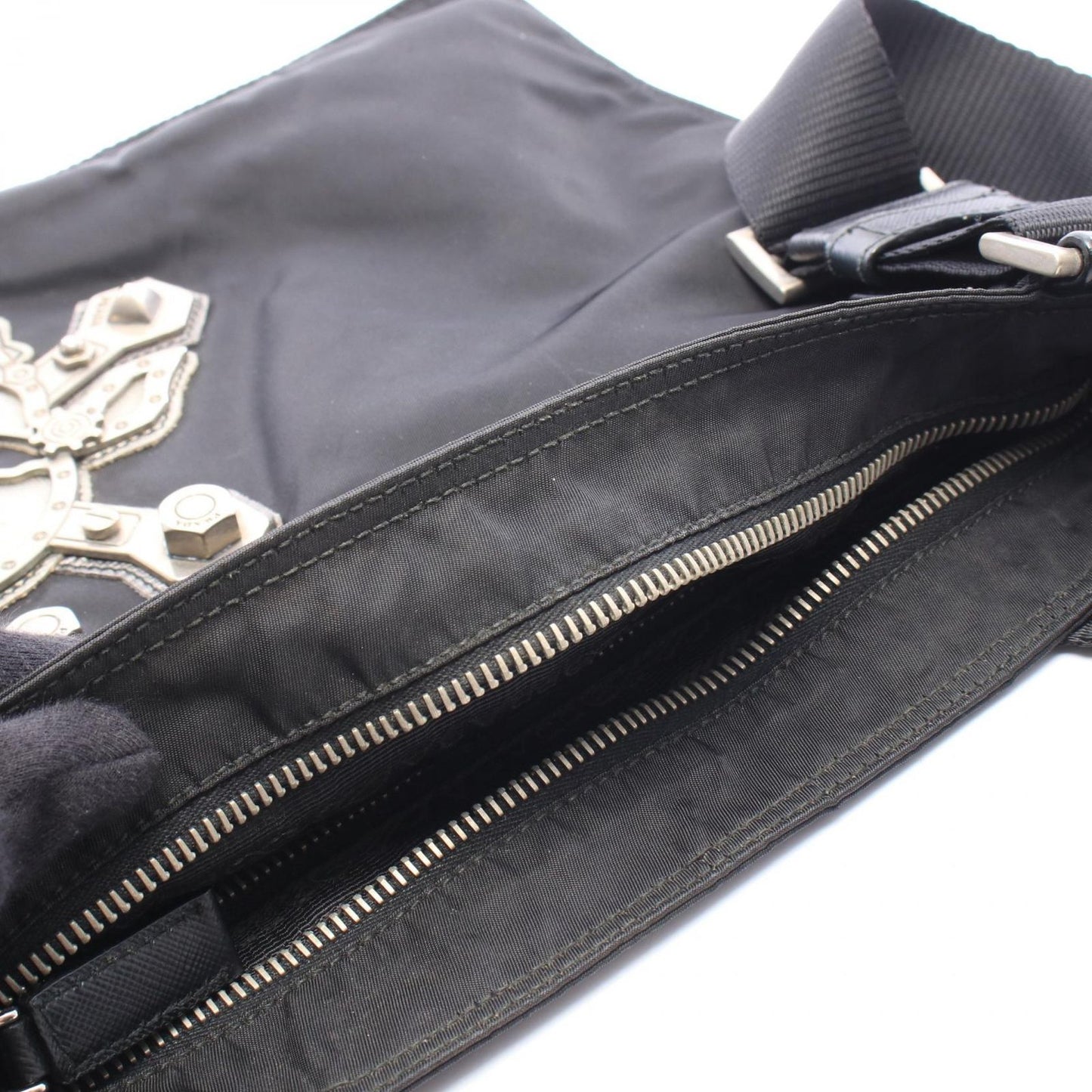 Prada Shoulder Bag Skull Studs Triangle Logo Black Silver Nylon Leather — view 5