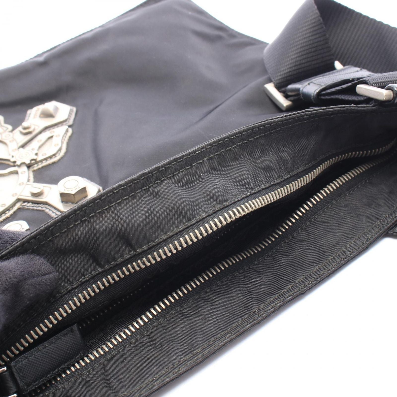 Prada Shoulder Bag Skull Studs Triangle Logo Black Silver Nylon Leather — view 5